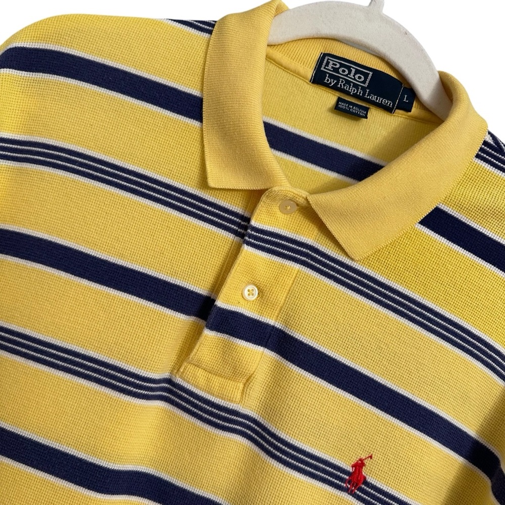 Ralph Lauren Polo Mens L Yellow Blue Striped Red Pony Short Sleeve Golf Preppy